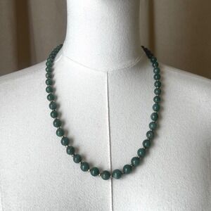 Vintage Green Jade Bead Necklace 27" Long Brass Spacers Minimalist Boho